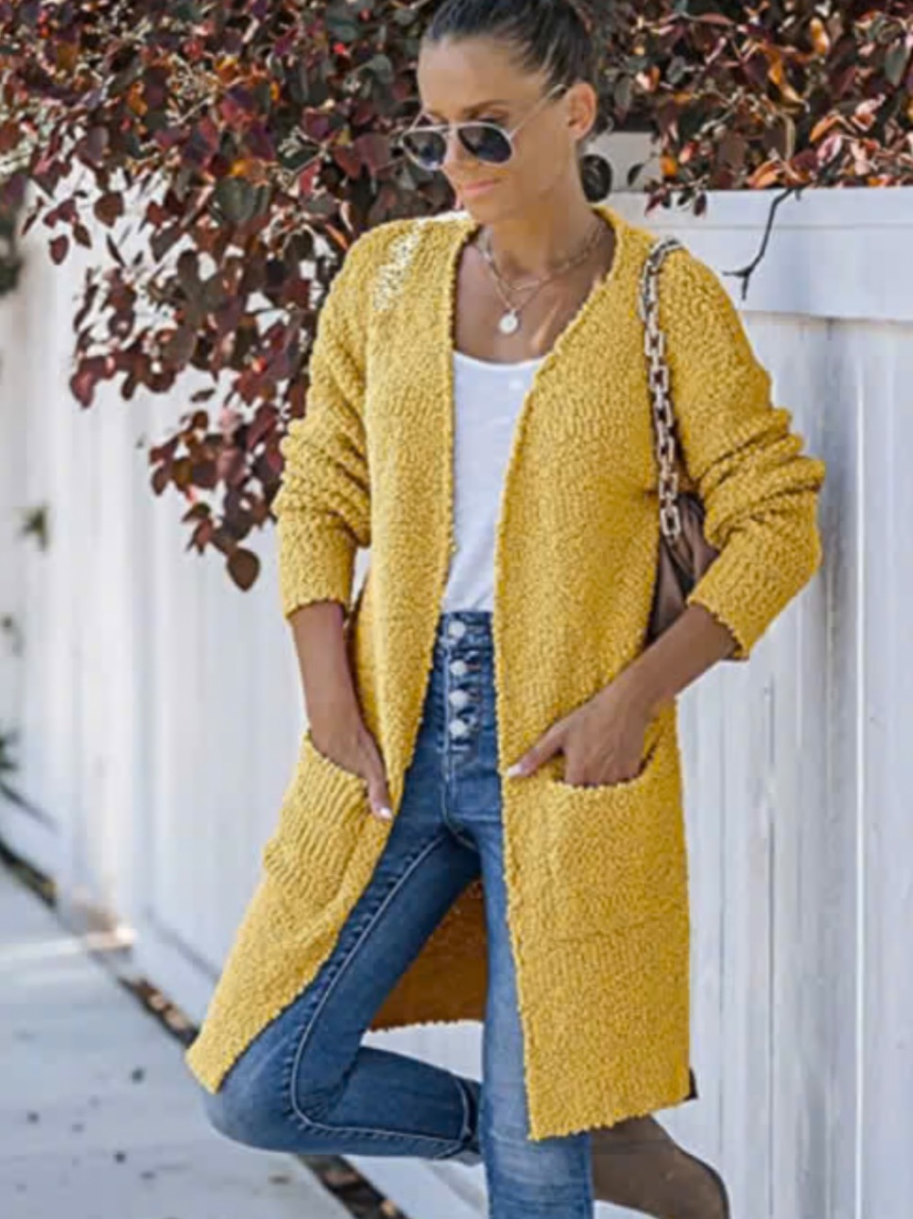 MEROKEETY XL Mustard Popcorn Knit Long Cardigan Open Front Pocket